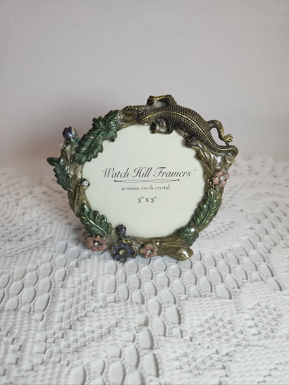 Watch Hill Framers Round Photo Frame 3 x 3 - Floral w Lizard painted & crystals